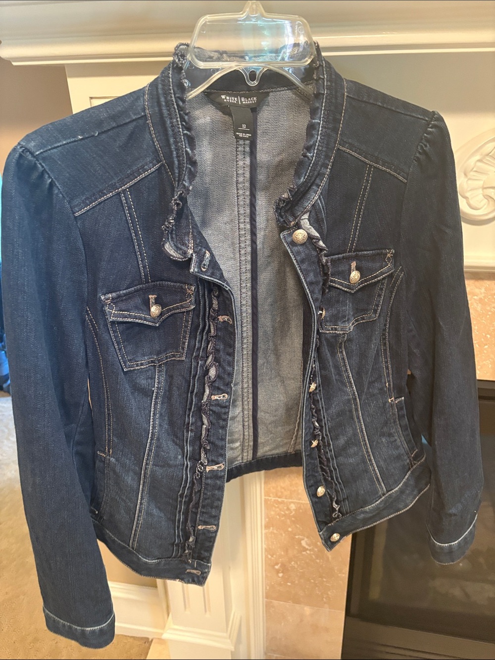 White House Black Market Dark Indigo Ruffle-Trim Denim Jacket